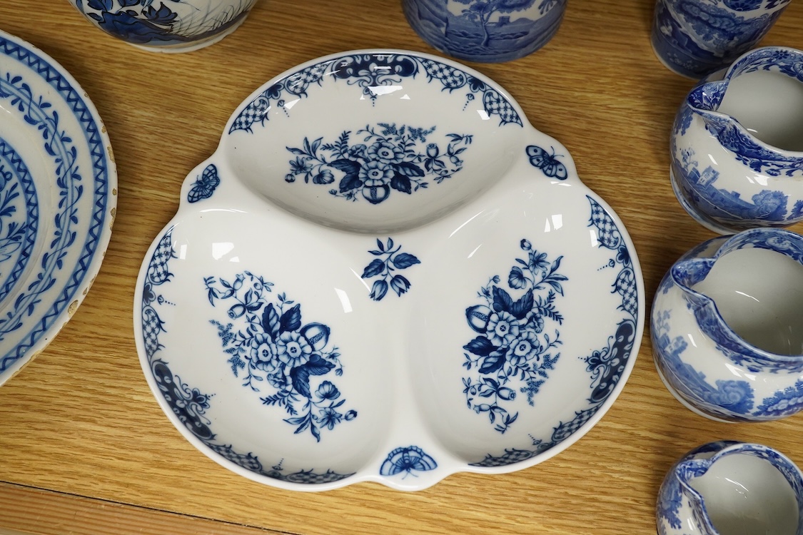 An 18th century Delft jug, another tin glazed dish, a Worcester Hanbury dish and five pieces of Copeland Spode Italian blue and white, tallest 22.5cm
